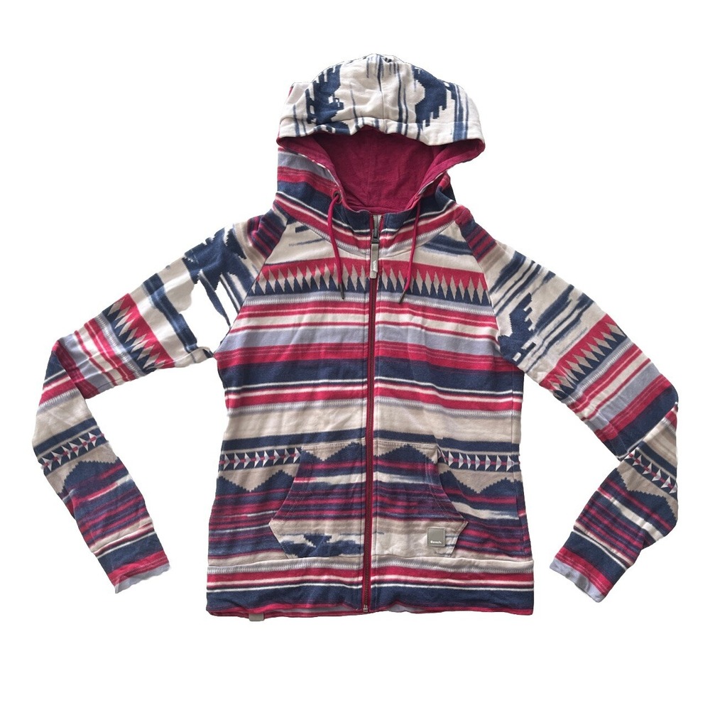 Bench Women's Size M Aztec Print‎ Blue Pink White Zip-Up Sweatshirt Pockets Hood